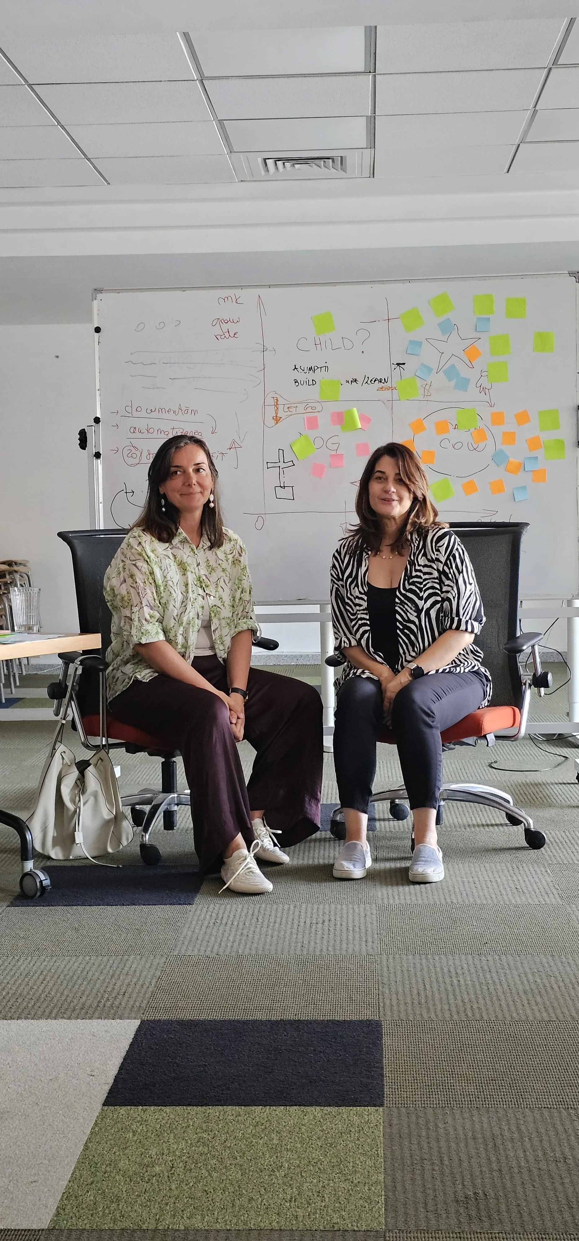 Two women sitting in office chairs in front of a whiteboard filled with colorful sticky notes and handwritten notes.