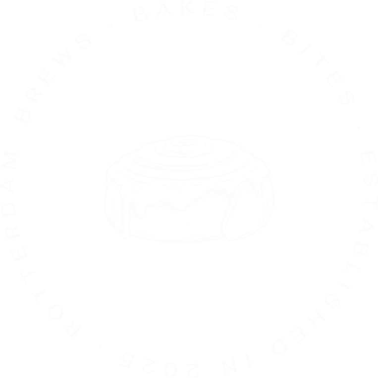 Logo of a cinnamon roll pastry with chocolate drizzle, surrounded by the text "Bakes · Bites · Est. 2022 · Roterdams B|T|E" in a circular arrangement.