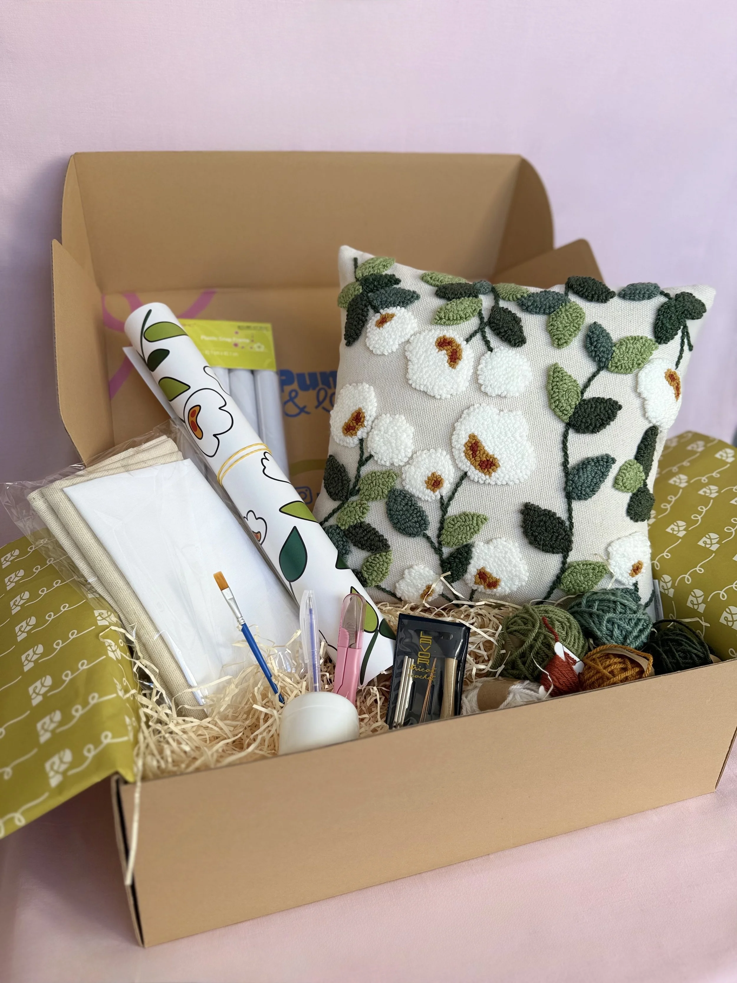 White Flowers Cushion Cover Punch Needle Kit