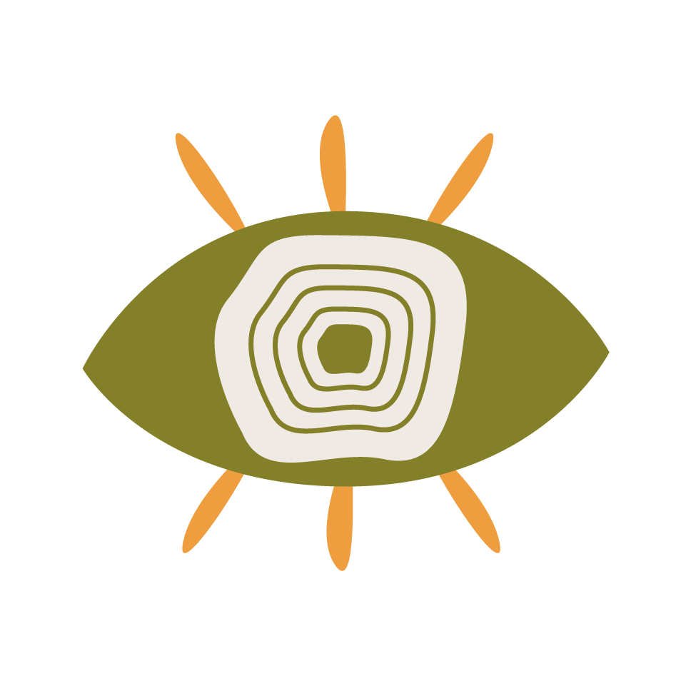 Stylized eye illustration with a green iris, a white concentric square pattern inside, and orange eyelashes.