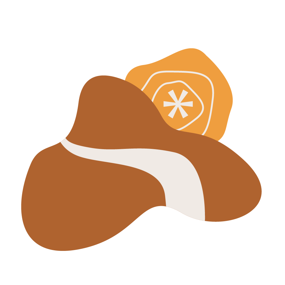 Illustration of a pile of three chocolate truffles, with two topped with an orange square and a white symbol, and one without toppings.