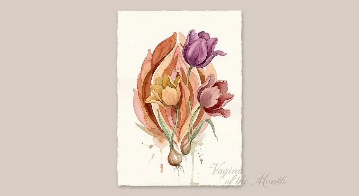 Watercolor painting of three blooming tulips in purple, yellow, and red, with abstract leaves and the text "Vagina of the Month" in the bottom right corner.