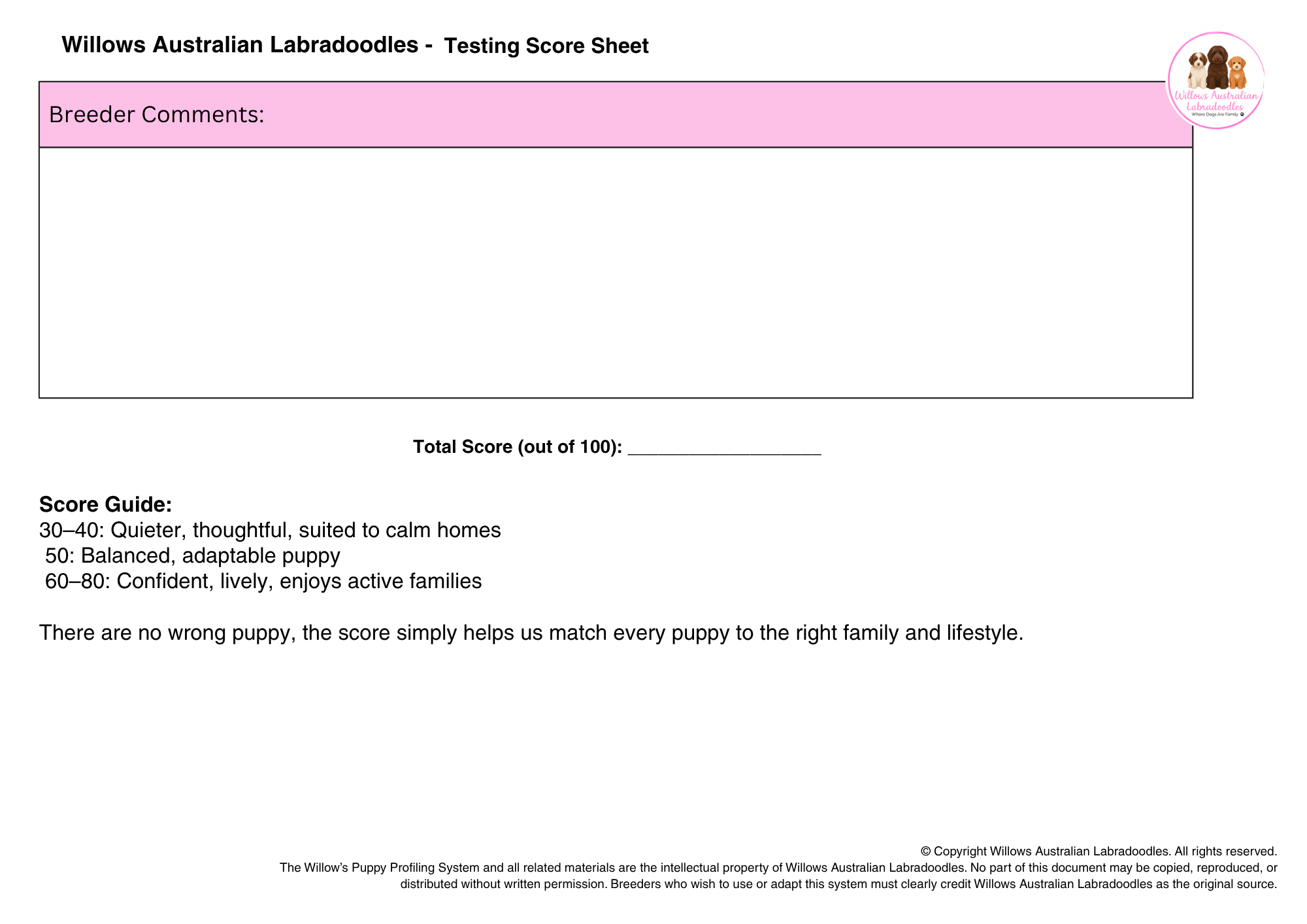 Test score sheet for Willow's Australian Labradoodles with a pink header and whitespace for breeder comments, logo with three Labradoodles in pink circle, and scoring guide.