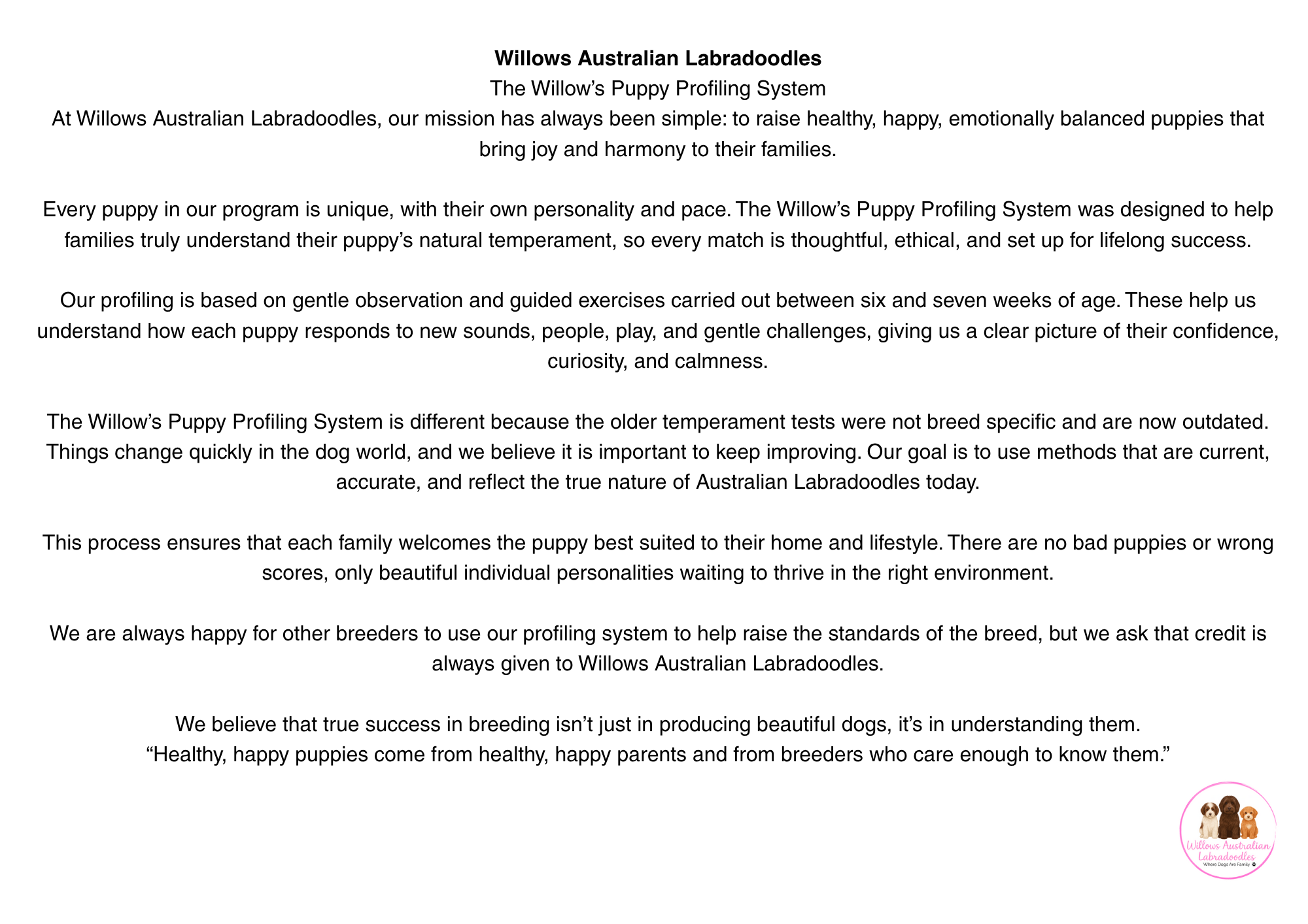 A mission statement document for Willows Australian Labradoodles. The text describes their puppy profiling system, emphasizing the importance of temperament testing, ethical breeding, and matching puppies to families. At the bottom right corner, there is a logo with three cartoon Labradoodles and the text 'Willows Australian Labradoodles'.