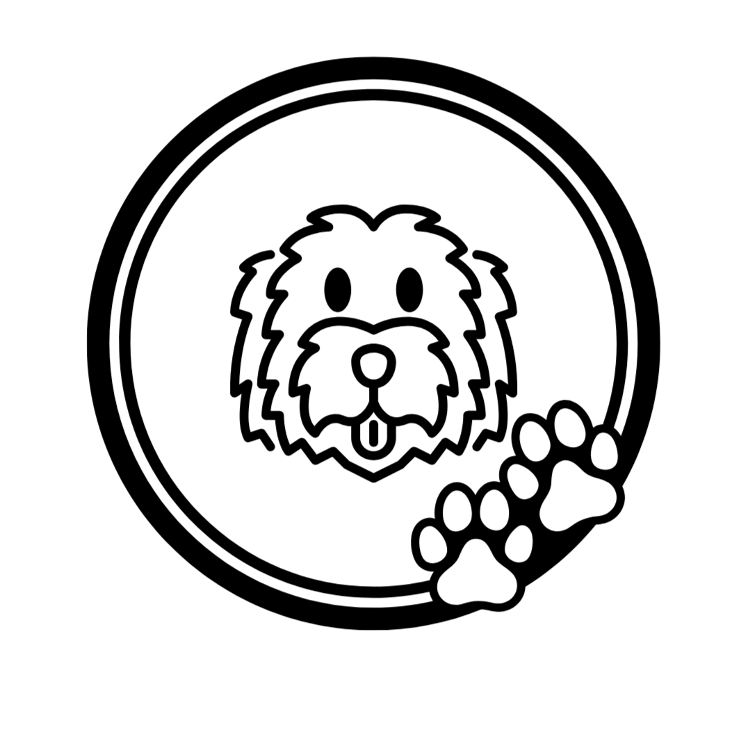 Outline drawing of a dog’s face on a circular background with a paw print in the lower right corner.
