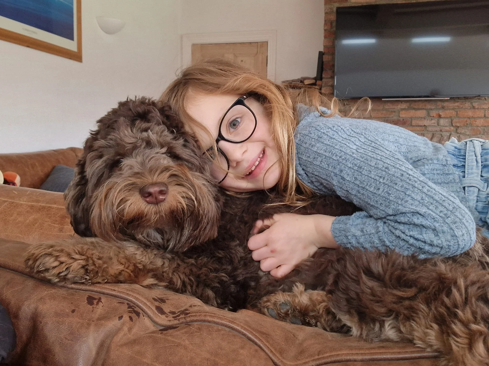 A young girl with glasses hugging a large, curly-haired brown dog on a brown sofa in a cozy living room.