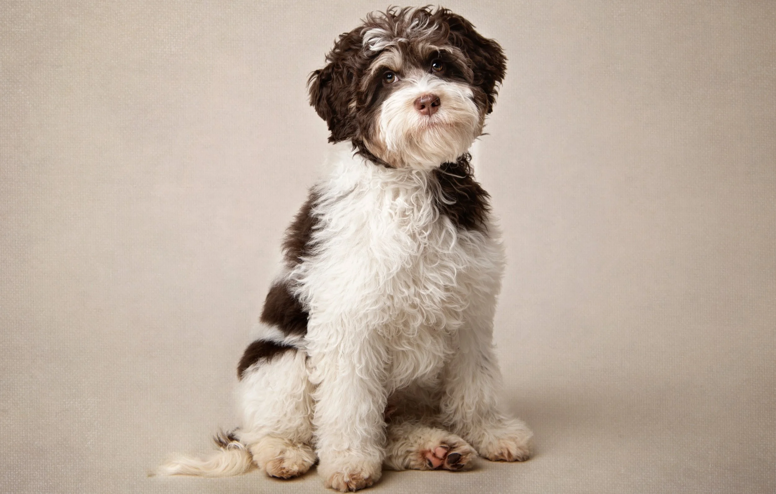 A fluffy, curly-haired puppy with brown and white fur sitting against a beige background.