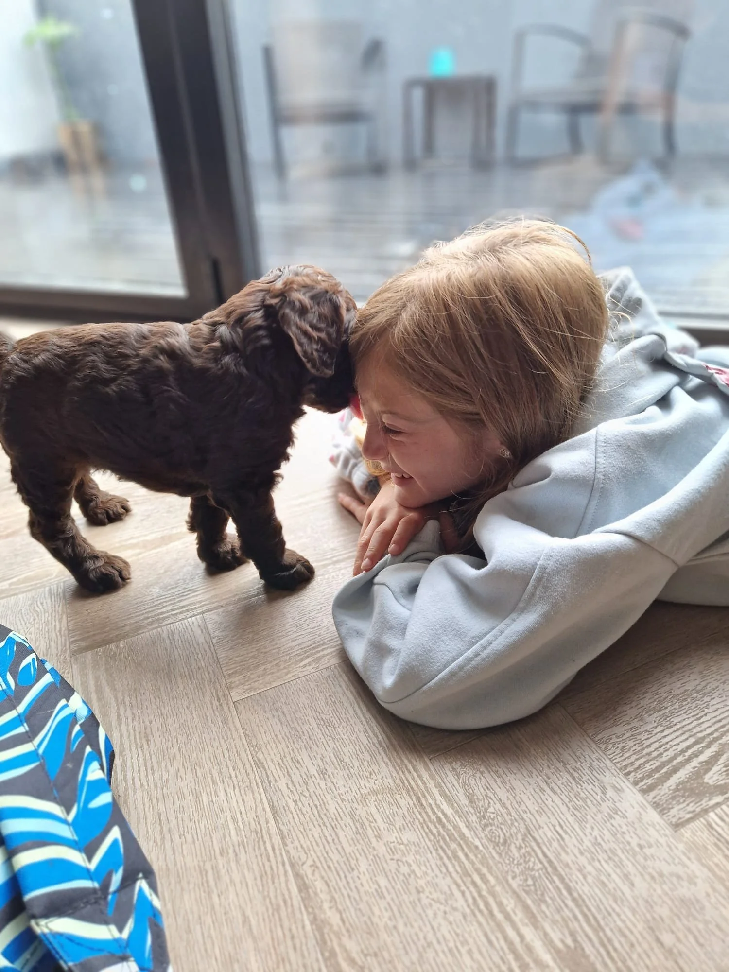 A girl lying on the floor smiling as a puppy licks her face inside a house near a sliding glass door.