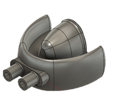 A 3D CAD model of a mechanical part with cylindrical components and a curved outer surface.