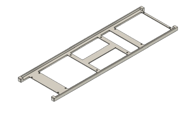 3D model of a metal window frame with multiple rectangular and square openings.