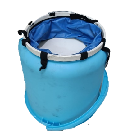 Blue and white collapsible water container with an open top and a black strap.