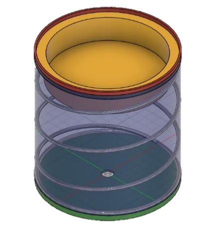 3D rendering of a transparent cylindrical container with a yellow inner lining and a green base, showing inner compartments.