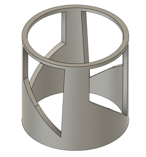 3D model of a cylindrical structure with interior partitions and cutouts, viewed from above.