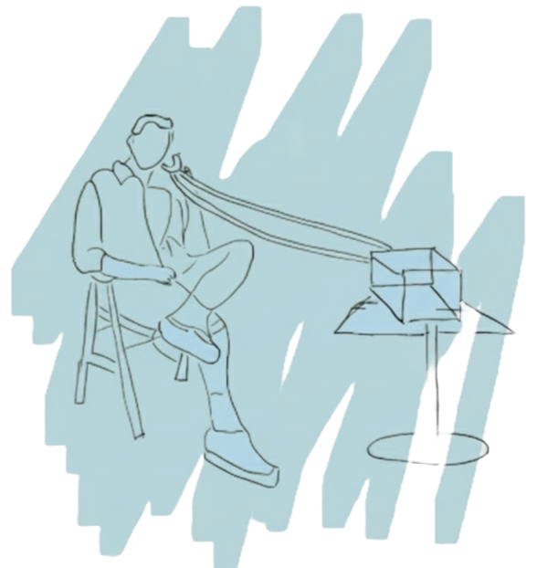Outline drawing of a person sitting on a chair, holding a fishing rod with the line extending into a bucket or container.