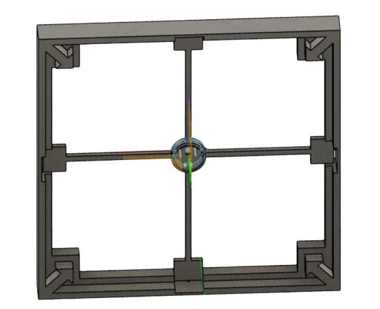 A computer-generated 3D model of a square mechanical component with a central hub and four extending arms, each connecting to a corner of the square frame.