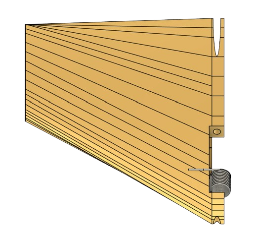 Cross-section of a wooden acoustic panel with airflow channels and a backing material, featuring a spring-loaded screw attachment.