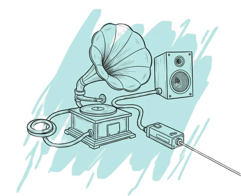 Illustration of a vintage gramophone connected to a speaker and audio equipment.