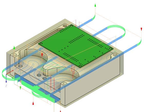 A diagram of an electronic device enclosure with a circuit board inside, connected by cables.