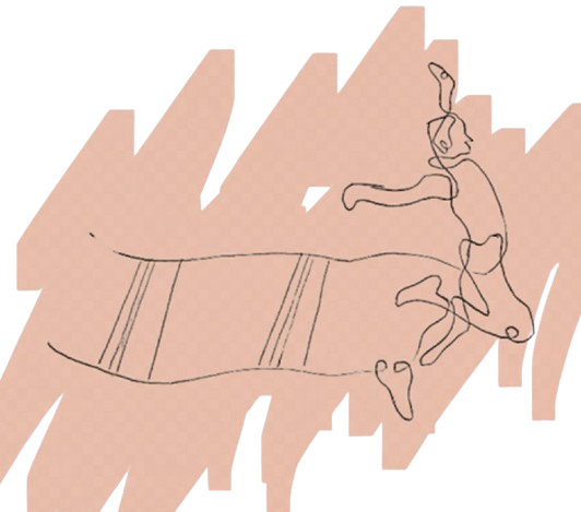 A line drawing of a person jumping off a ladder onto a trampoline.