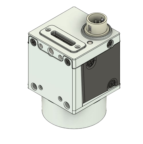 An industrial motor with a square metal housing and a circular connector on top.