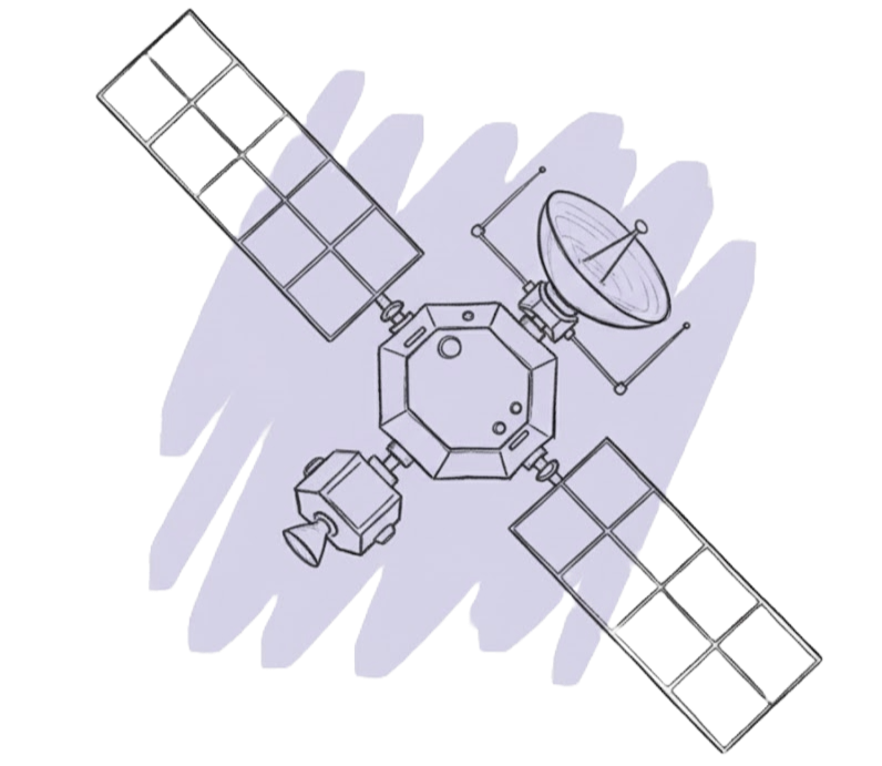 A line drawing of a satellite with solar panels, a dish antenna, and various instruments.