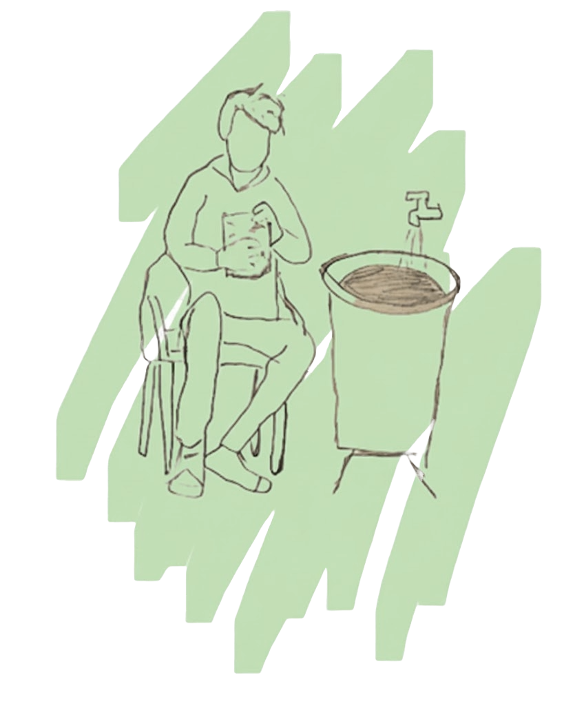 A sketch of a person sitting on a chair, holding a phone, next to a sink with water running.