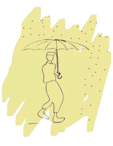 Line drawing of a person holding an umbrella in the rain.