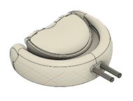 A close-up of a white, oval-shaped robotic device with a small robotic arm attached to the side.