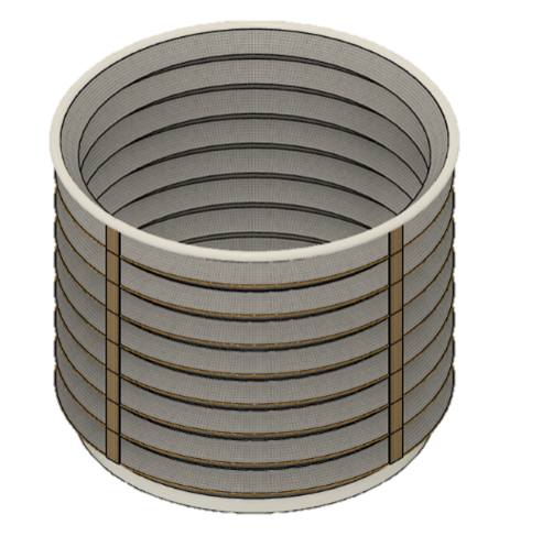 A large, gray, cylindrical filter drum with metal rings and mesh layers, used in filtration systems.