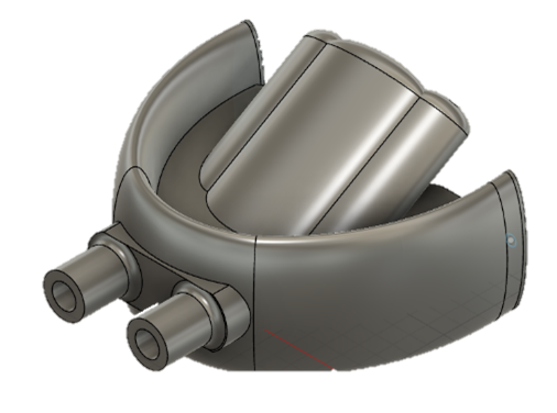 A 3D model of a metallic mechanical component with cylindrical and curved parts, including two smaller cylinders extending from the side.