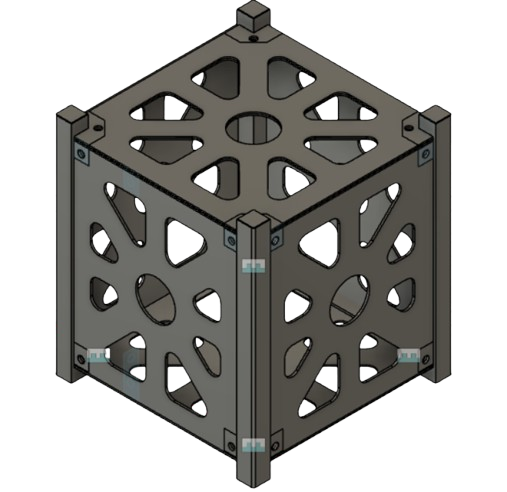 A 3D-rendered image of a modular, geometric cube frame made of black metal with numerous cutouts and interlocking joints.