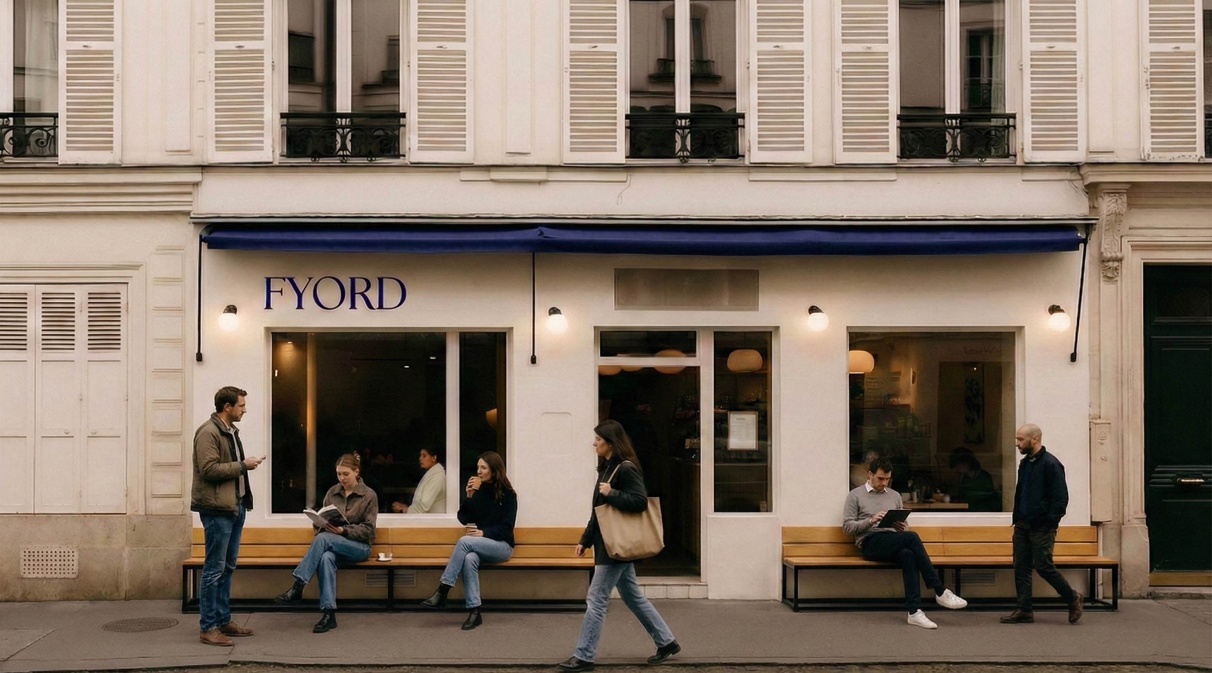 Cena de rua com fachada de café chamado FYORD, com várias pessoas sentadas na calçada e outras andando, algumas usando celular ou lendo.