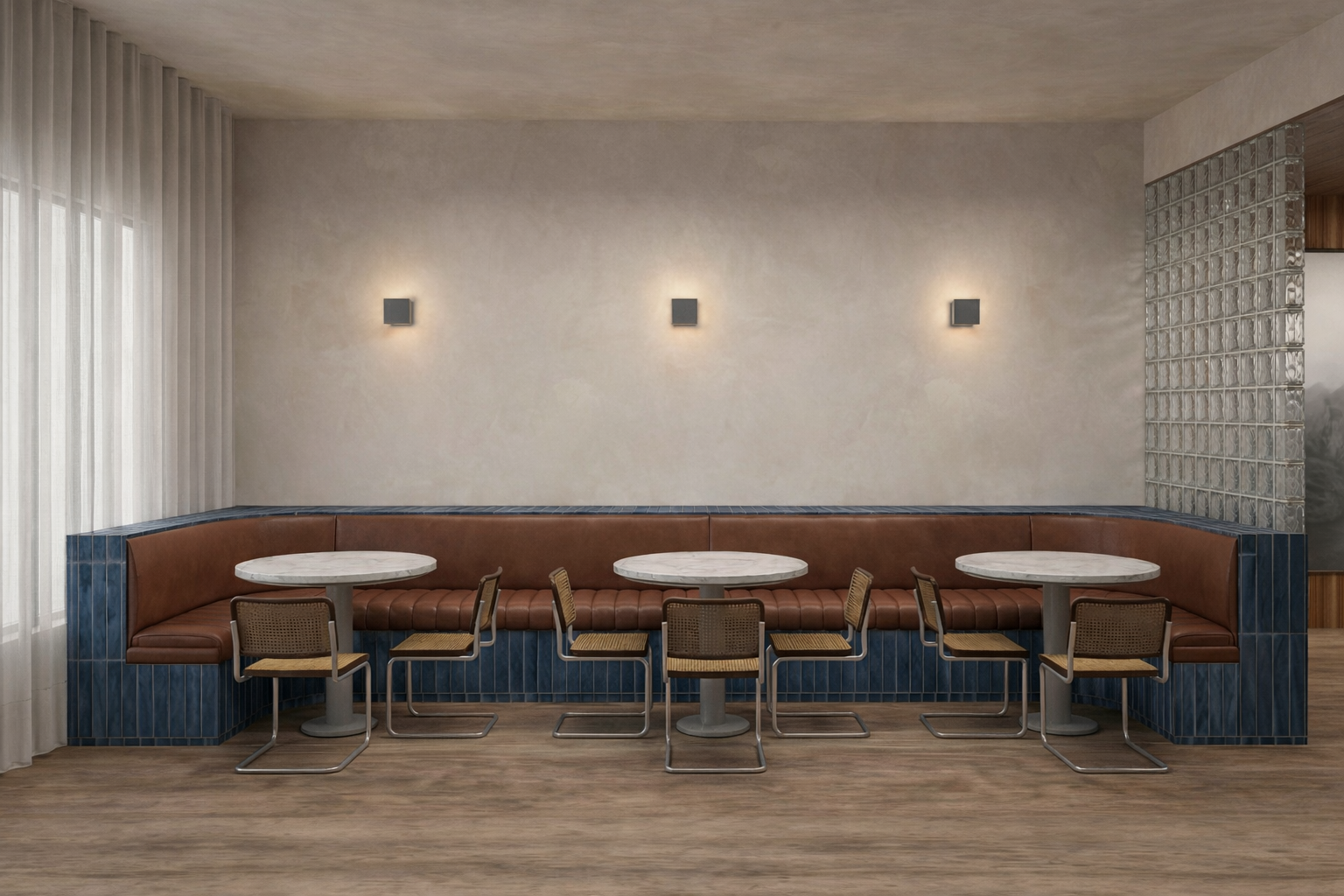 Sala de jantar moderna com três mesas de mármore, cadeiras de madeira e couro marrom, parede clara com três luminárias e cortinas brancas ao lado esquerdo.