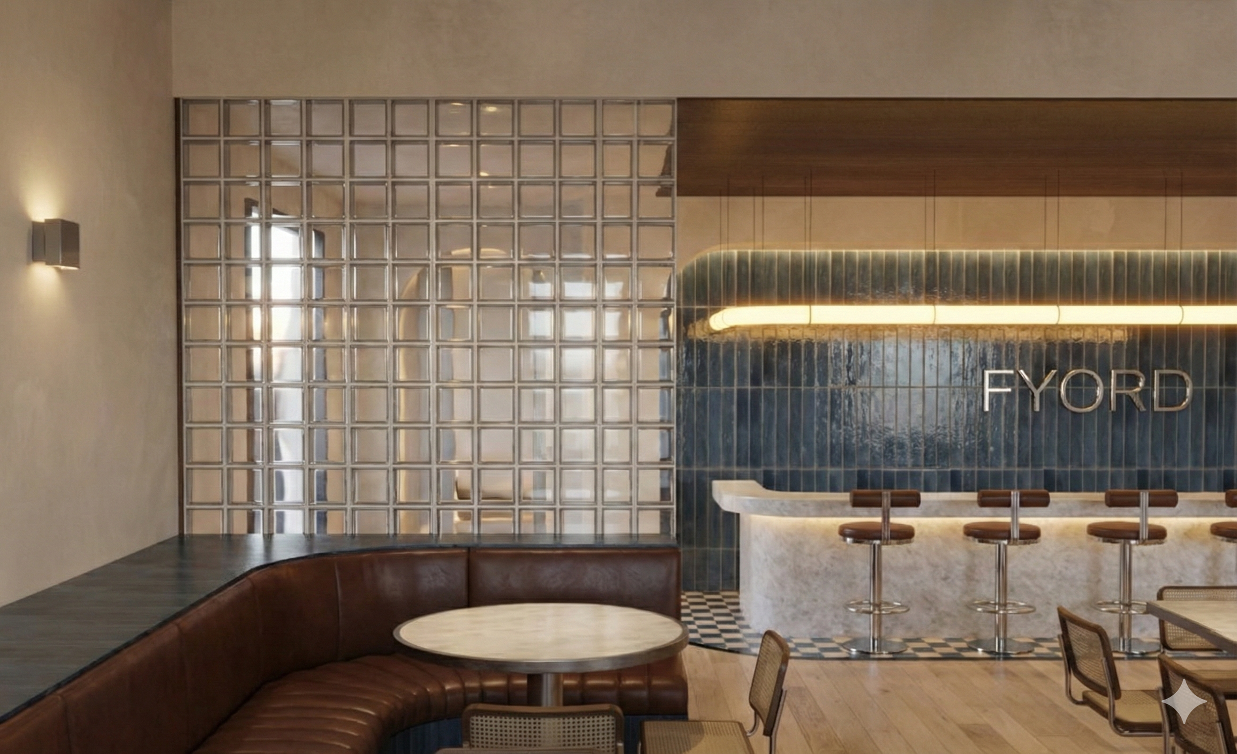 Interior de um café ou bar com decoração moderna, poltronas de couro marrom, mesa de mármore, divisória de blocos de vidro, parede azul com o nome 'FYORD' e iluminação quente.