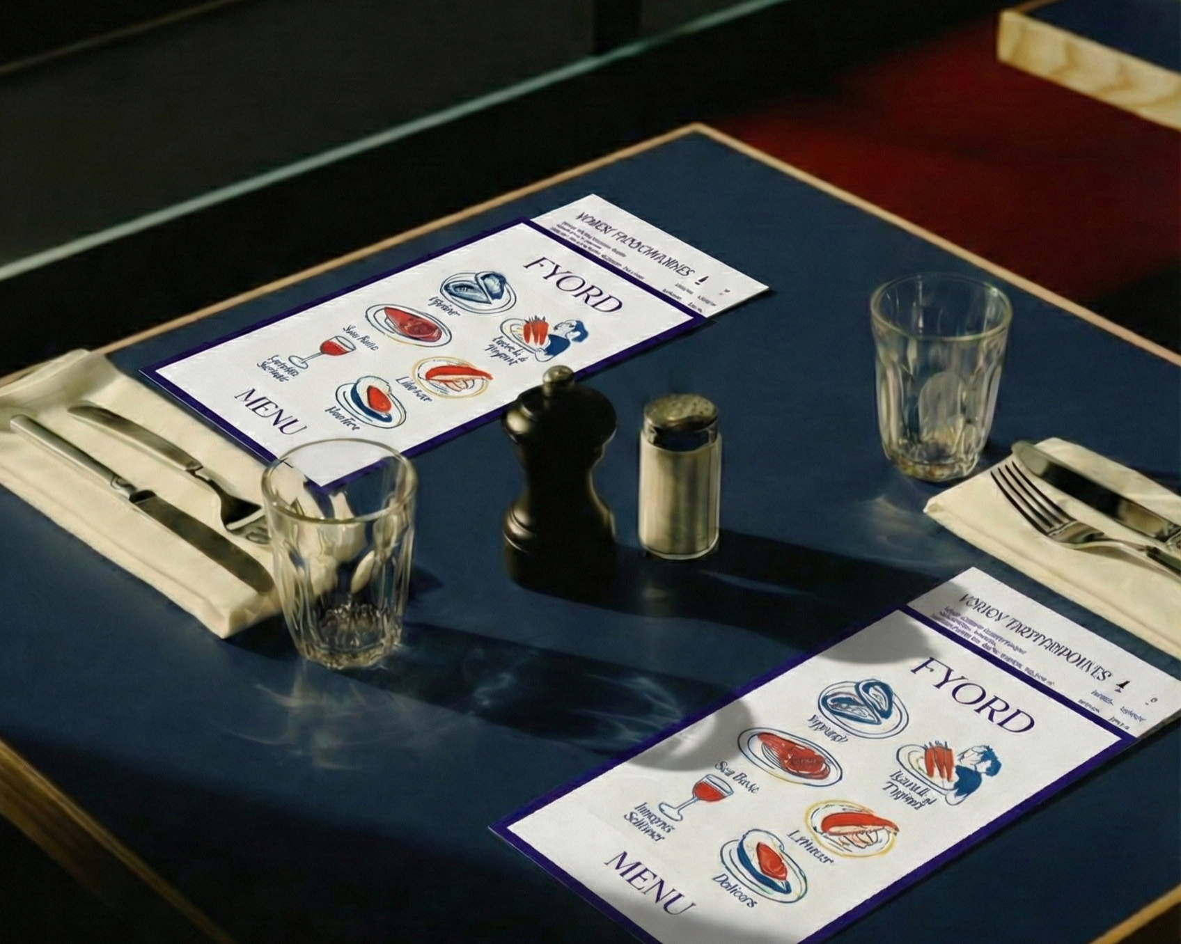 Mesa de restaurante com dois cardápios, talheres, copos, saleiro, pimenteiro e guardanapos na mesa