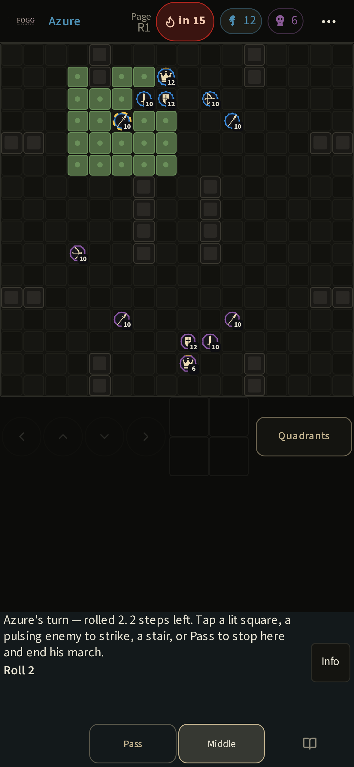 An Azure Pikeman at the start of a Quick Battle, his move squares lit green