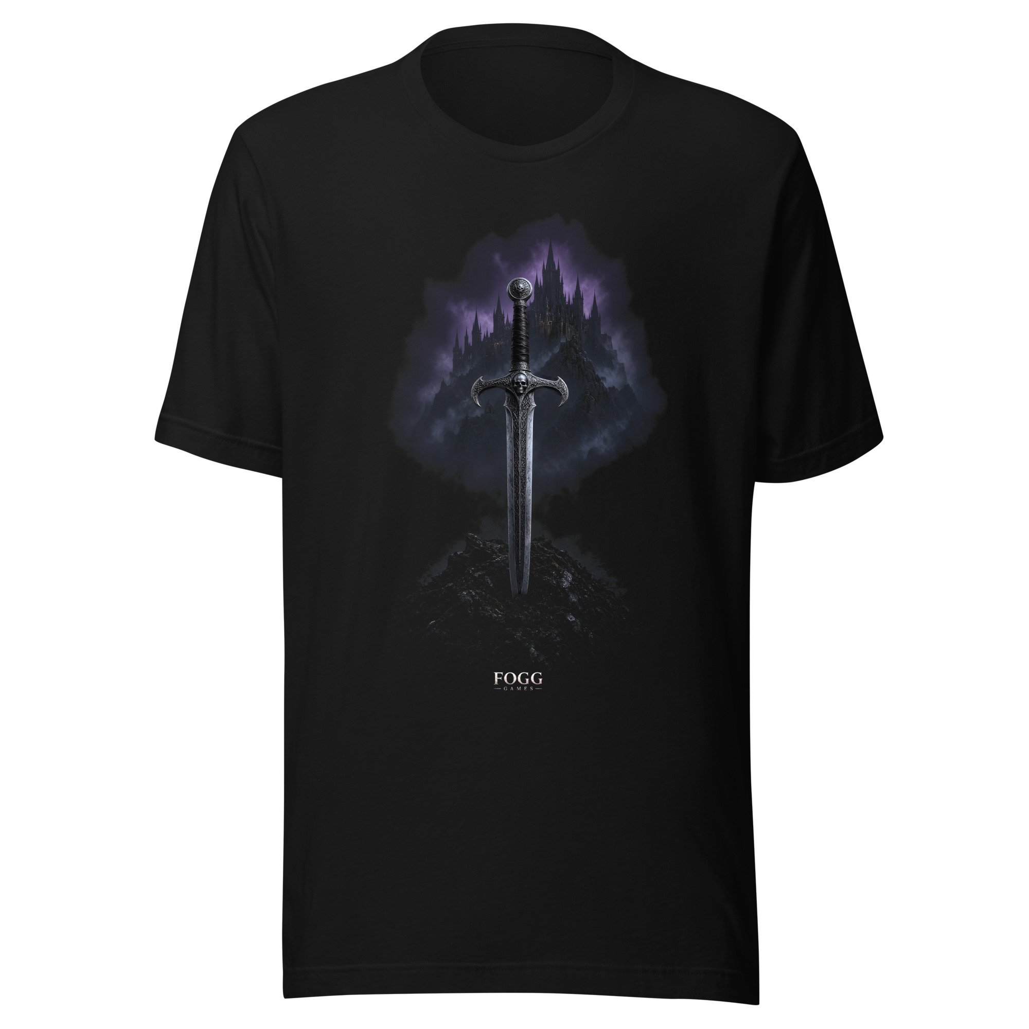 War of the Blood Kings tee: longsword stuck in rocky ground before a dark castle in violet mist