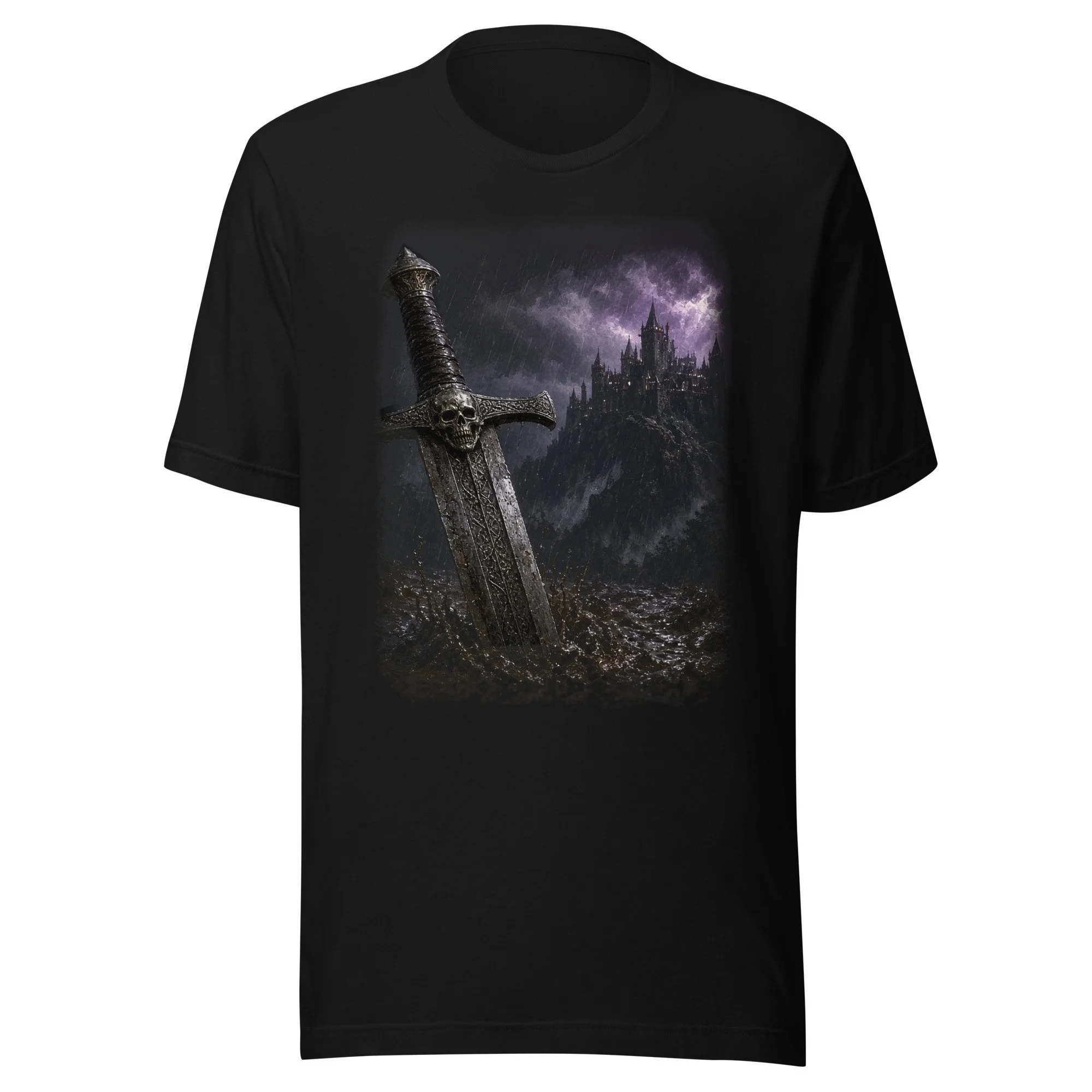 War of the Blood Kings tee: skull-hilted greatsword sunk in battlefield mud below a castle on a stormy hill