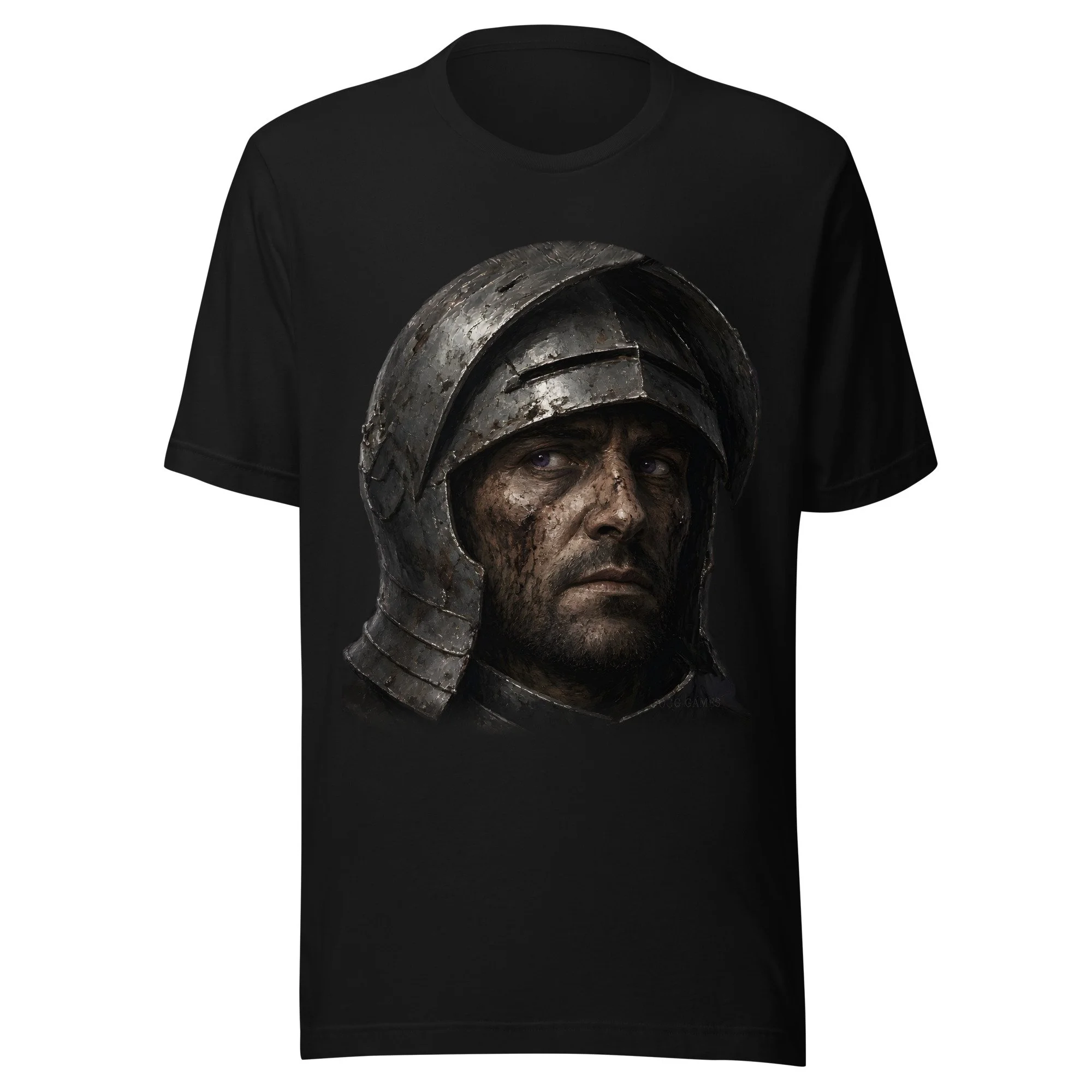 War of the Blood Kings tee: mud-streaked knight's face in a dented steel helmet