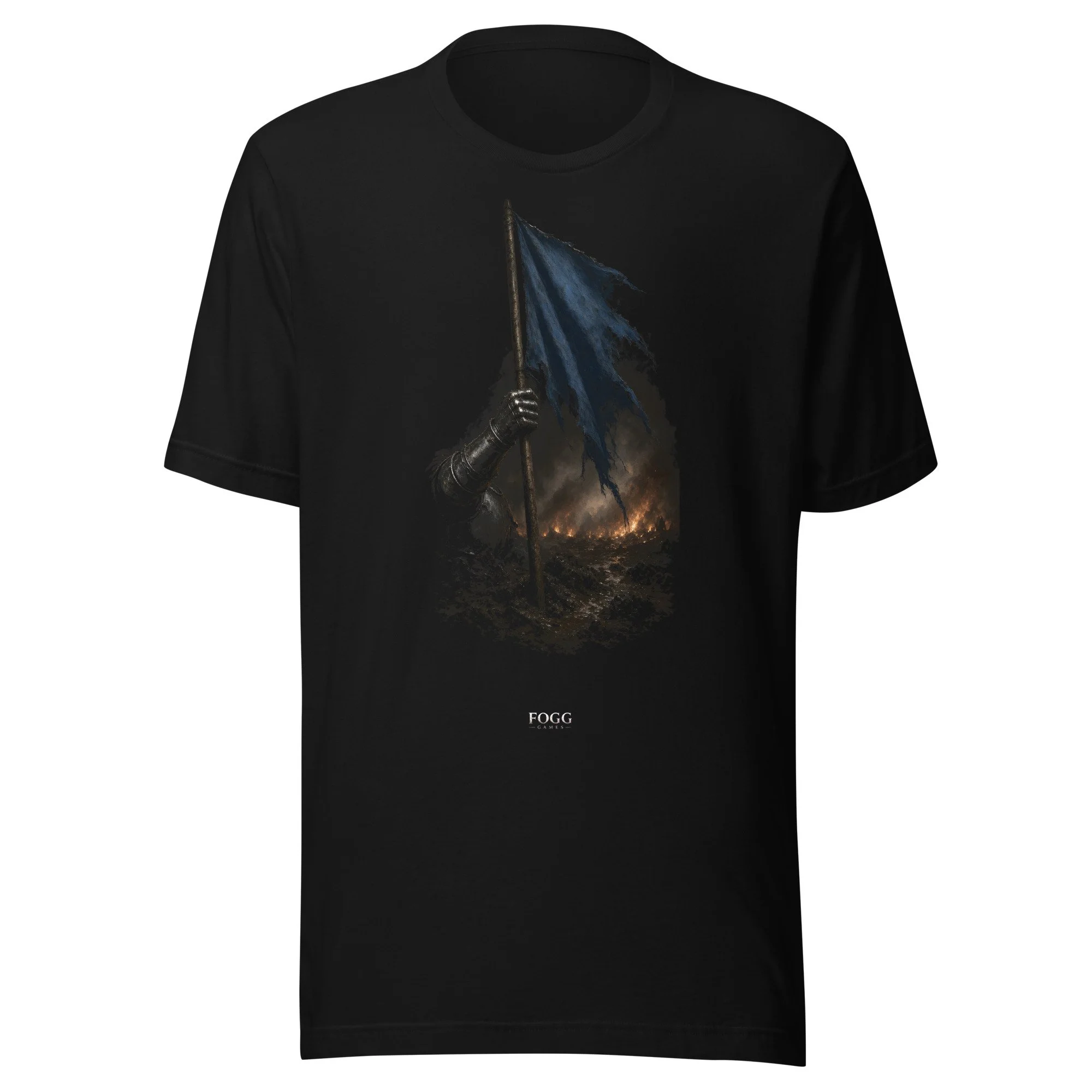 War of the Blood Kings tee: armored gauntlet holding a torn blue banner over a burning battlefield