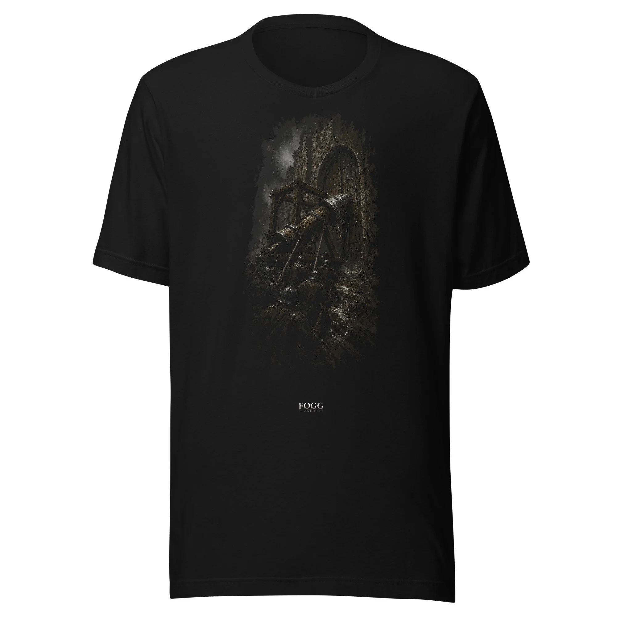 War of the Blood Kings tee: wooden siege ram rolled up to a stone castle gate