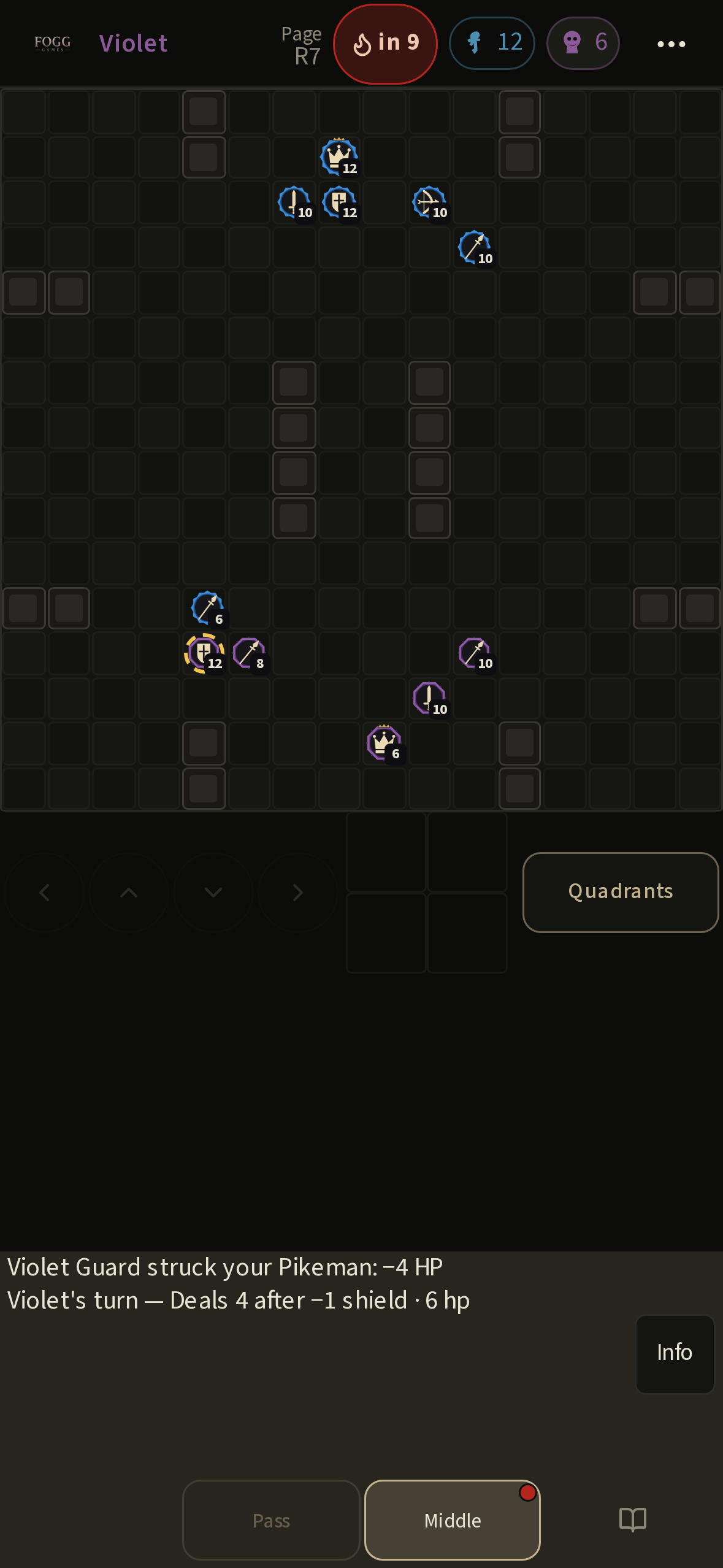 Mid-battle: a Violet Guard strikes an Azure Pikeman