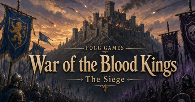 War of the Blood Kings: The Siege title art: Azure lion and Violet skull banners before Castle Bloodstone
