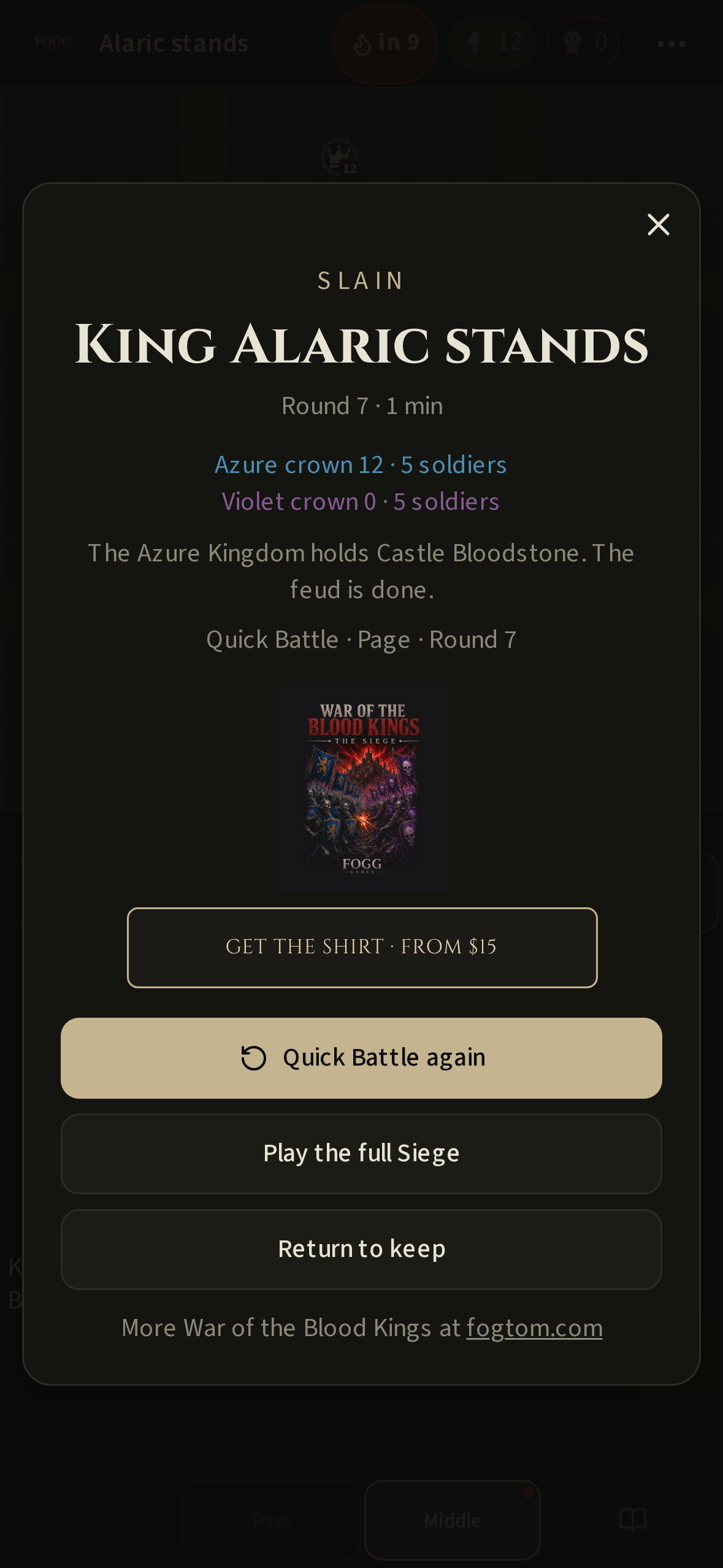 Victory card: King Alaric stands and Azure holds Castle Bloodstone