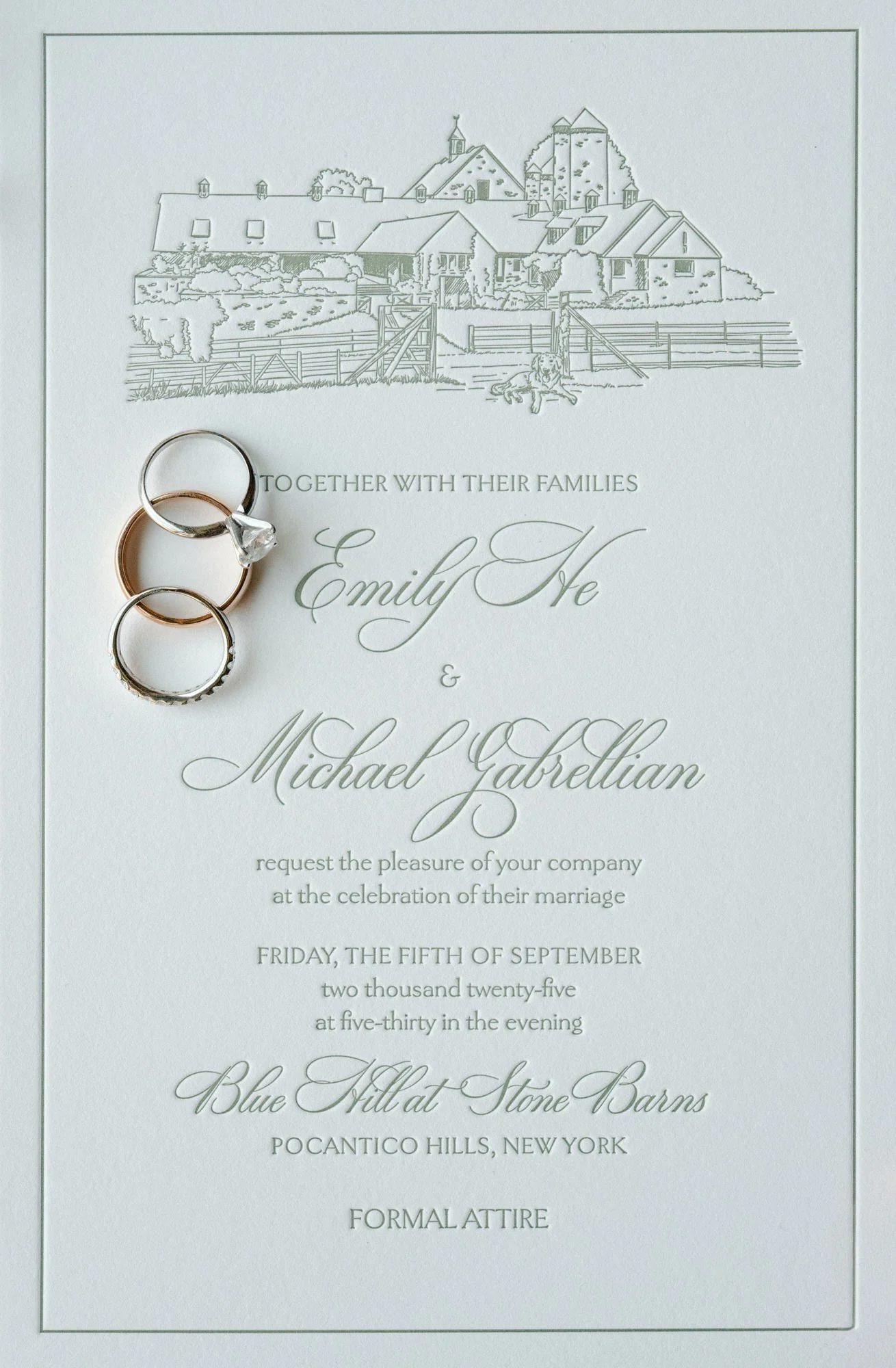 Wedding invitation featuring the Blue Hill at Stone Barns illustration with three rings arranged on the card, photographed by Jenny Fu.
