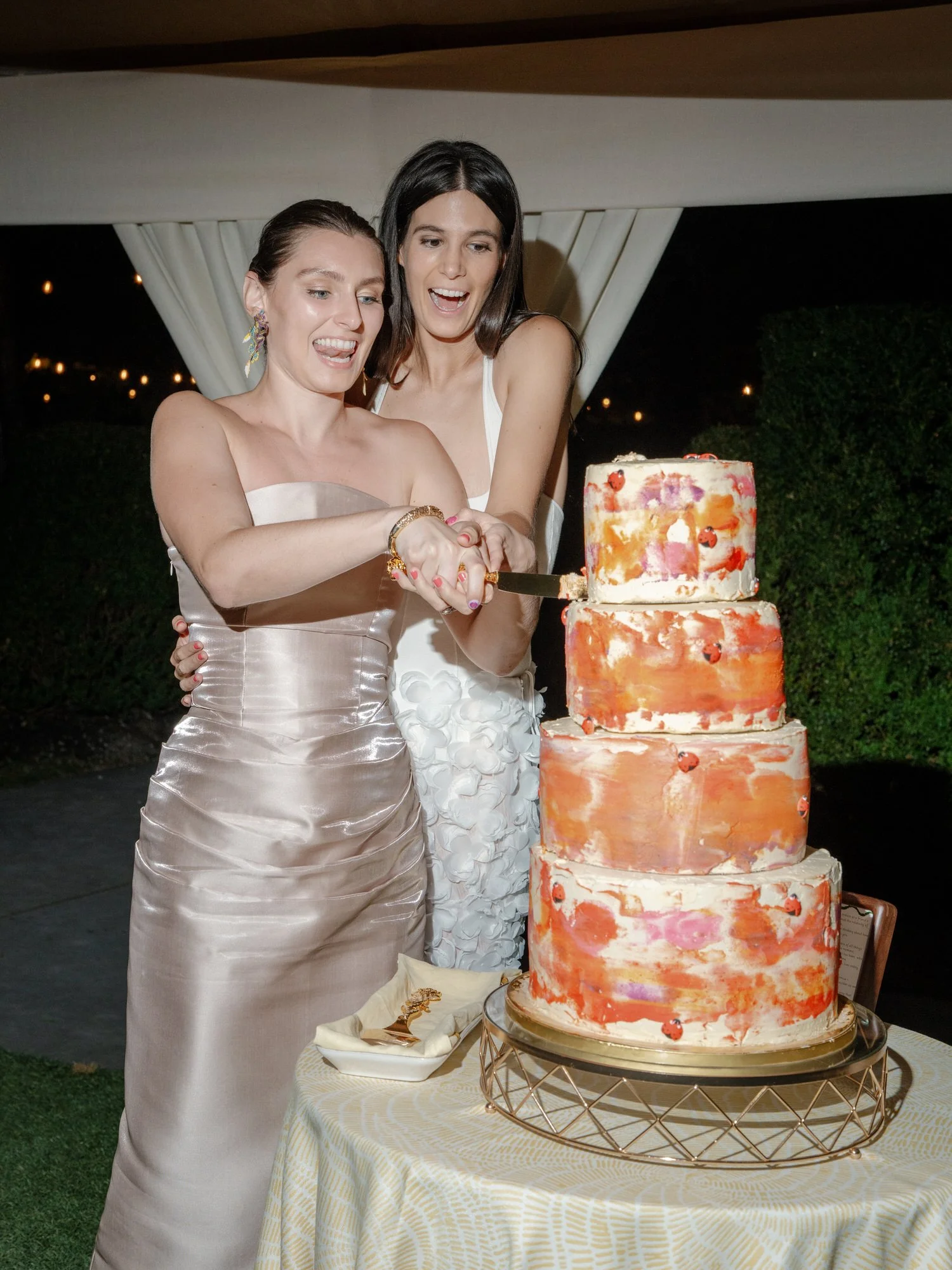 Two brides cutting their colorful hand-painted tiered wedding cake under the tent at Valley Rock Inn in Sloatsburg, photographed by Jenny Fu.