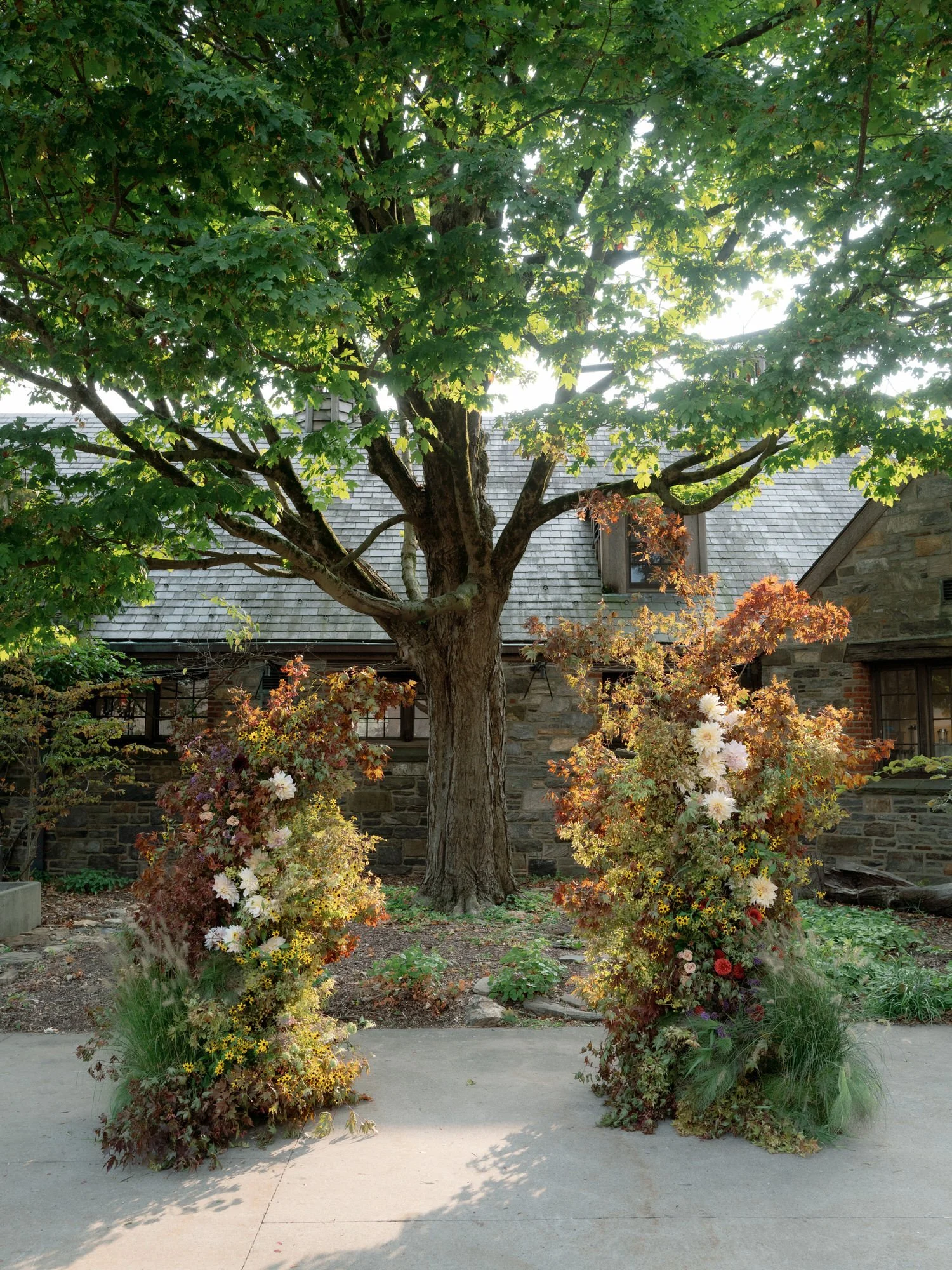Ceremony installation of two wild floral pillars beneath the maple tree in the courtyard at Blue Hill at Stone Barns, photographed by Jenny Fu.