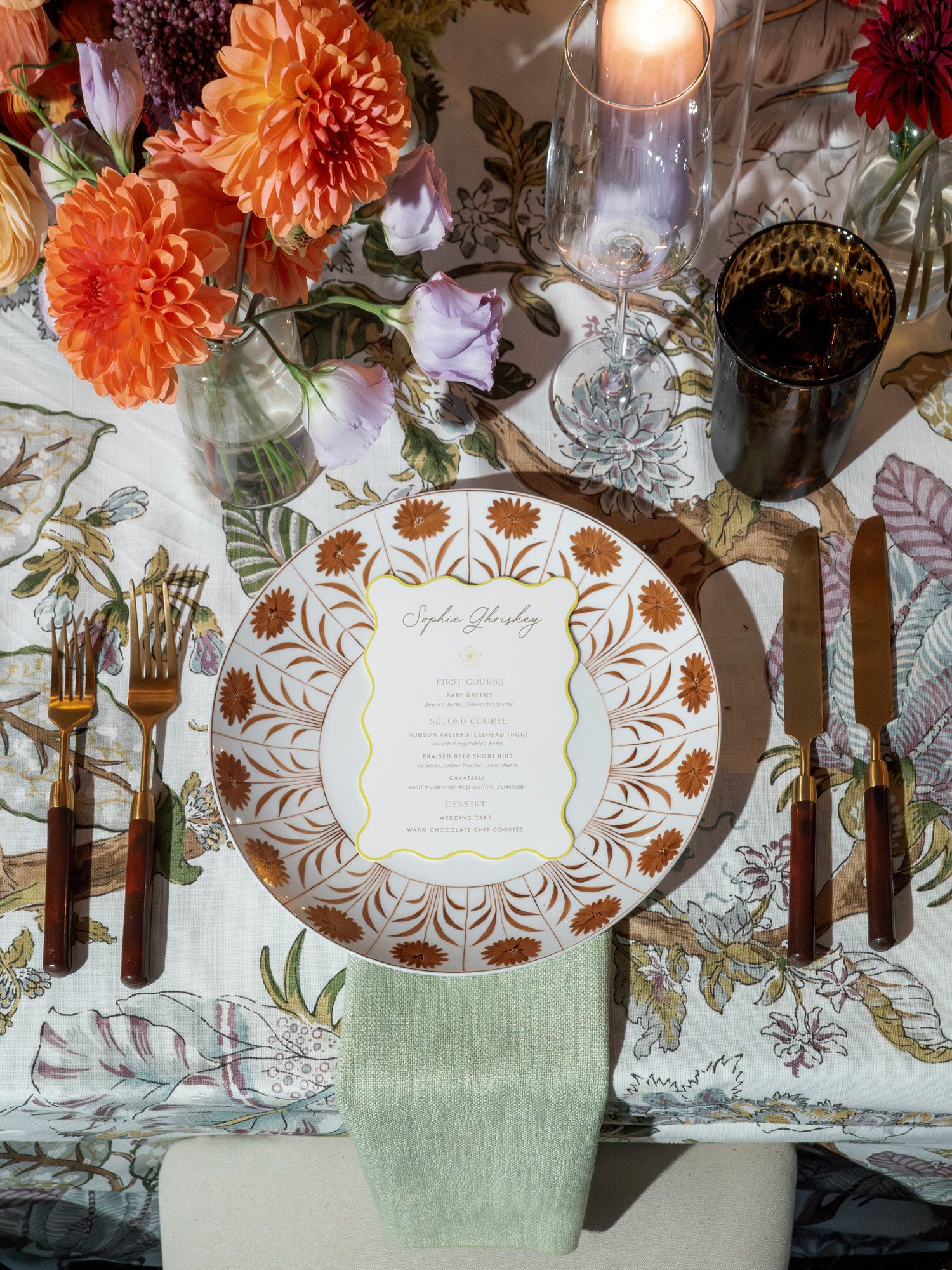 Editorial place setting with patterned charger and personalized menu at Troutbeck in Amenia, New York, photographed by Jenny Fu.