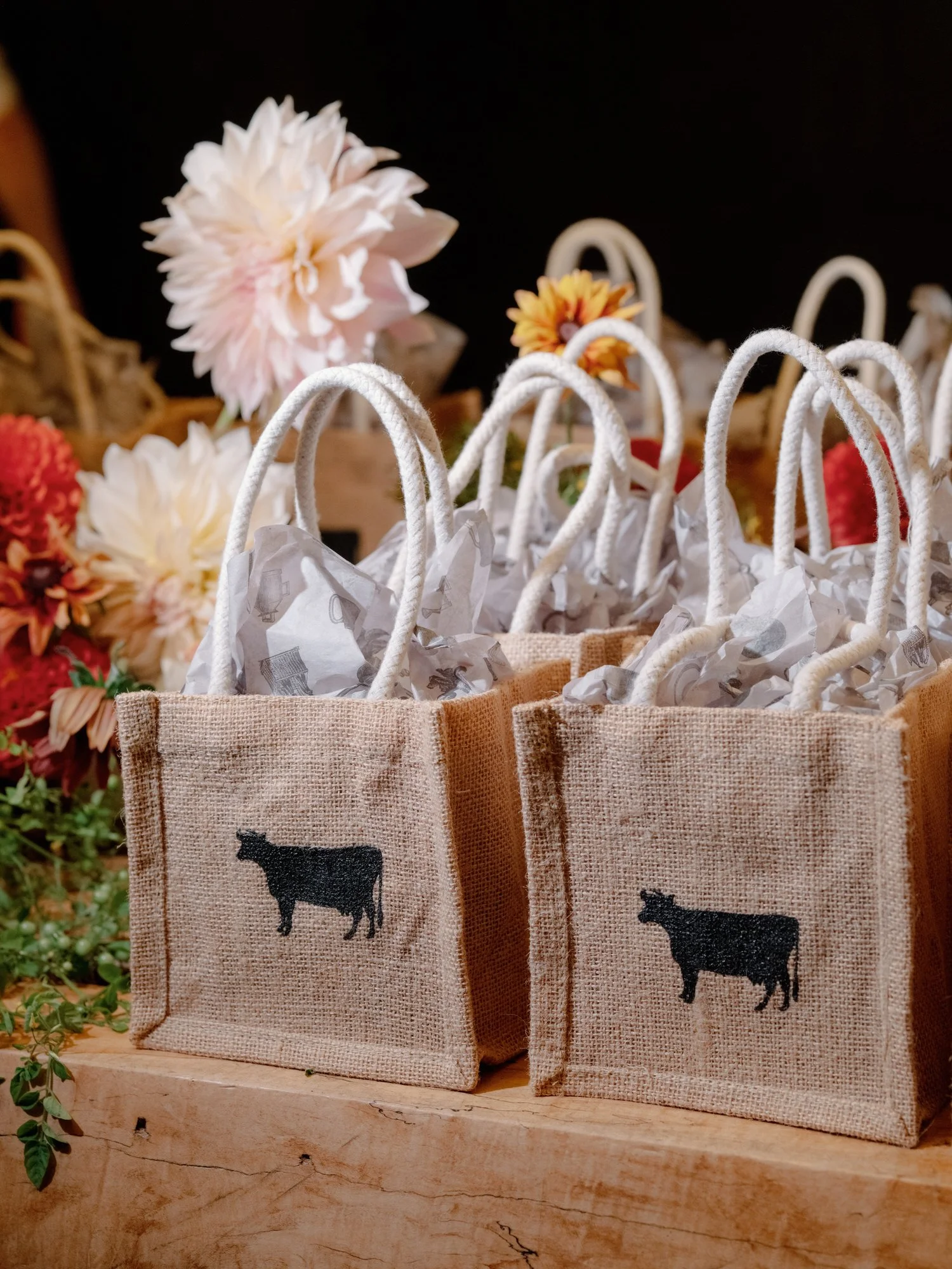 Farm-inspired favor bags with cow icons arranged on a wooden table at Blue Hill at Stone Barns, photographed by Jenny Fu.