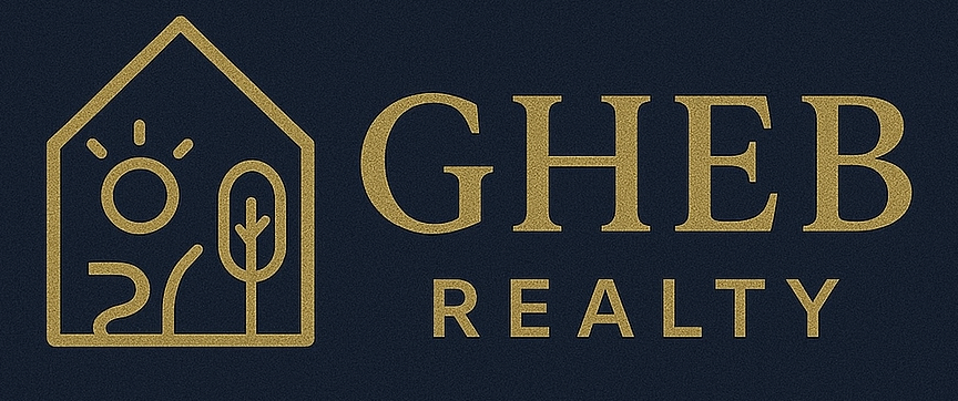 GHEB Realty logo with a gold house outline, sun, plant, and tree symbols on a dark background.